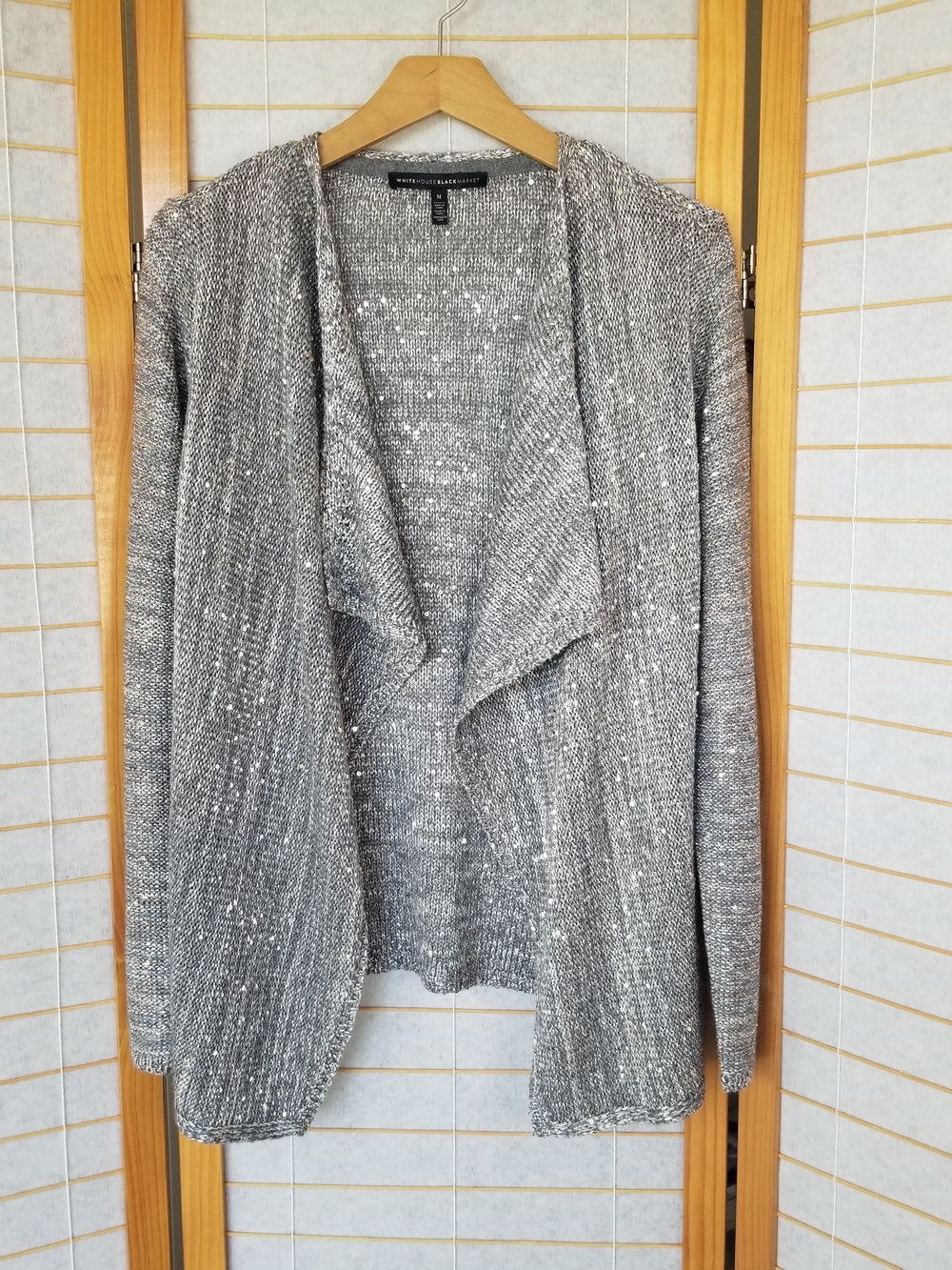 WHBM Shimmer Waterfall Cardigan Sweater Open Front Sequins Silver and Gold - Picture 2 of 9
